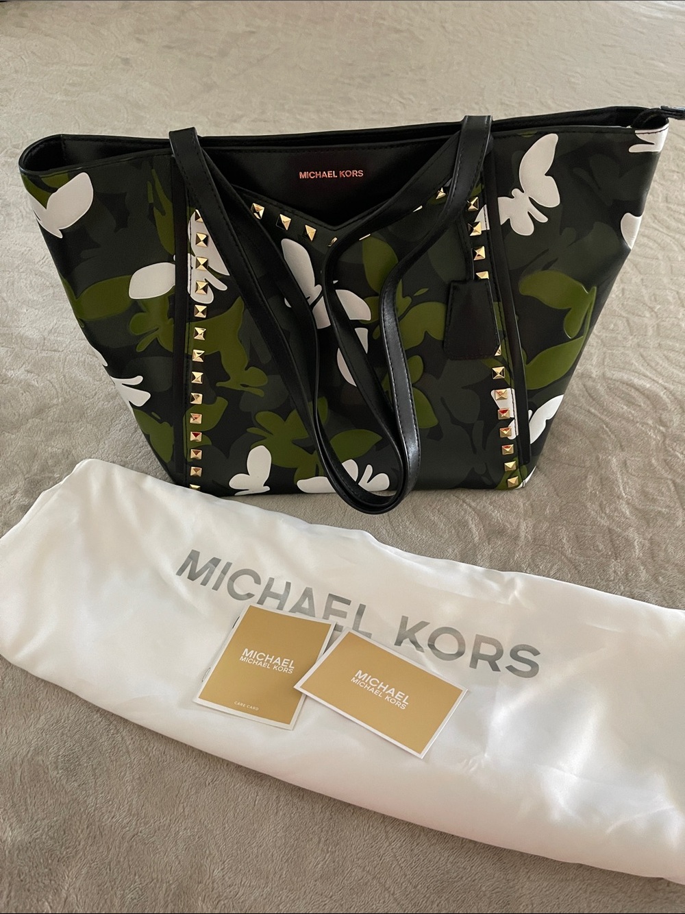NEW Michael Kors Black Tote with Green and White Butterfly Accents